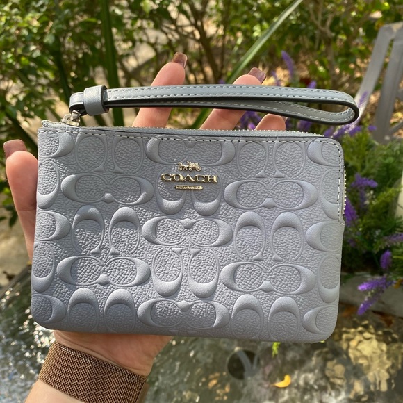 Coach Light Blue Embossed Logo Zippered Wristlet - Picture 14 of 16